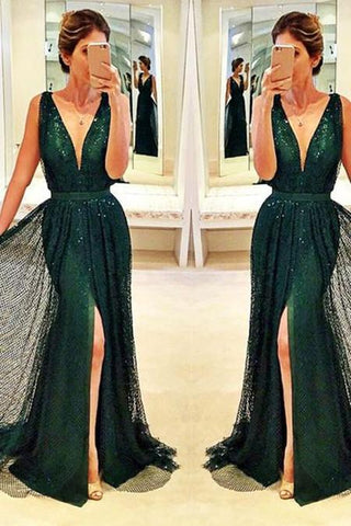 Glittering Front-Split Sleeveless V-Neck Long Prom Dress