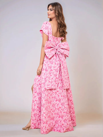 Floral Cap Sleeves Satin Bridesmaid Dress With Back Bow