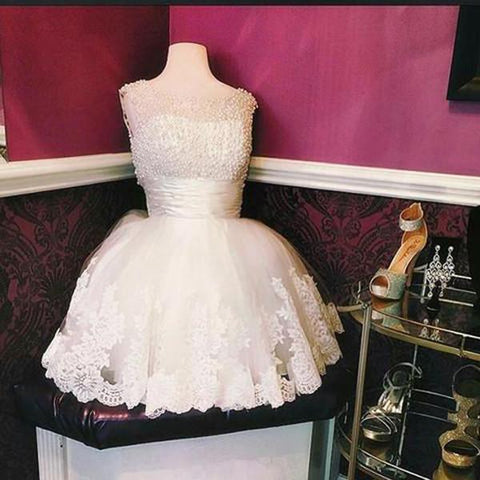 Charming Beaded Sheer Tulle Lace Appliques Homecoming Dresses Graduation Dress