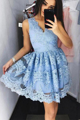 V Neck Lace Appliques Floral Homecoming Dress Party Dress