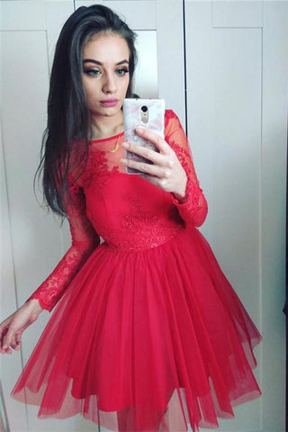Tulle Floral Long Sleeves Sheer Homecoming Dresses with Appliques