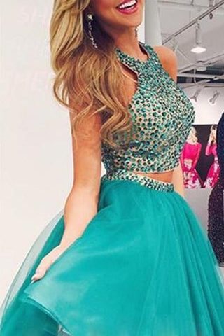 Two Piece Beaded Chiffon Halter Homecoming Dresses Party Dress
