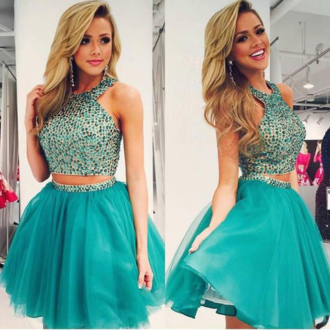 Two Piece Beaded Chiffon Halter Homecoming Dresses Party Dress