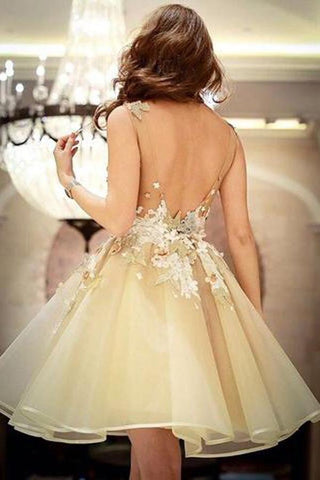 Elegant Tulle Short Prom Dresses, Open Back Homecoming Dress With Appliques