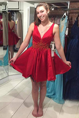 Satin V Neck Beaded A-line Sheer Homecoming Dresses, Short Prom Dress
