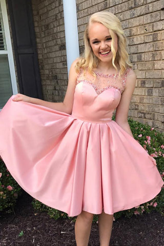 Stain Sheer Beaded Open Back Cheap Homecoming Dress, Party Dresses