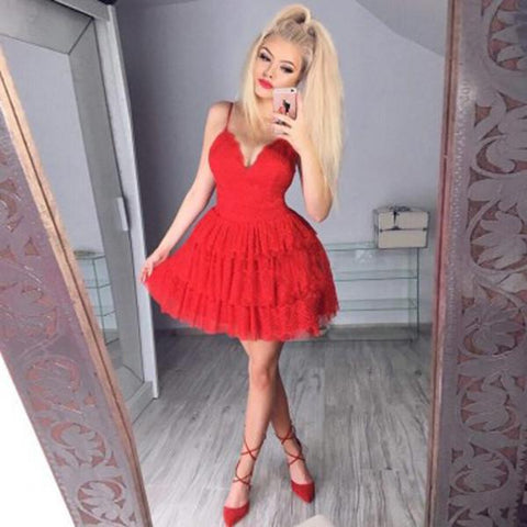 V Neck Spaghetti Straps Ruffles Cheap Homecoming Dress, Graduation Dress