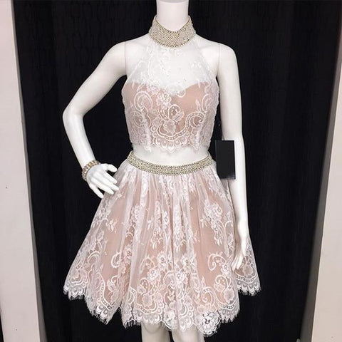 Two Piece Black Halter Lace Open Back Cheap Homecoming Dress With Appliques