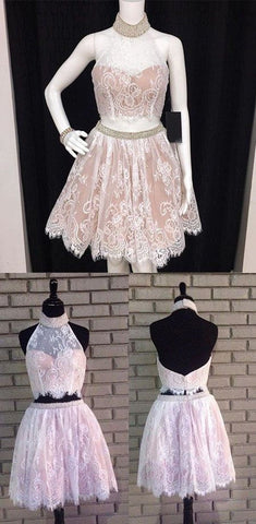 Two Piece Black Halter Lace Open Back Cheap Homecoming Dress With Appliques