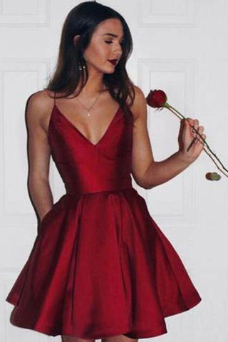 Burgundy Taffeta A-line V-neck Simple Spaghetti Strap Homecoming Dress