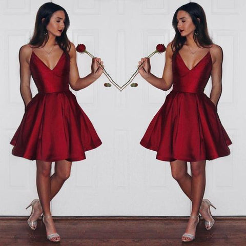 Burgundy Taffeta A-line V-neck Simple Spaghetti Strap Homecoming Dress
