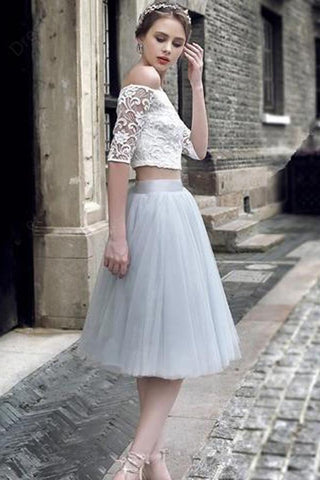 Zweiteiliges, schulterfreies, halblanges, kurzes Homecoming-Kleid aus Spitze 