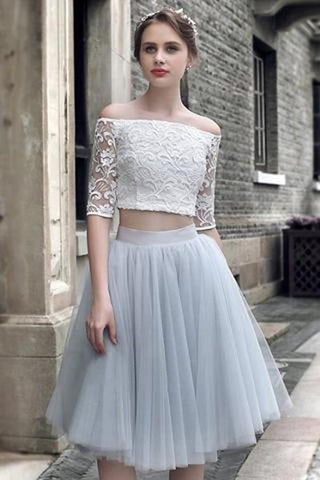 Zweiteiliges, schulterfreies, halblanges, kurzes Homecoming-Kleid aus Spitze 