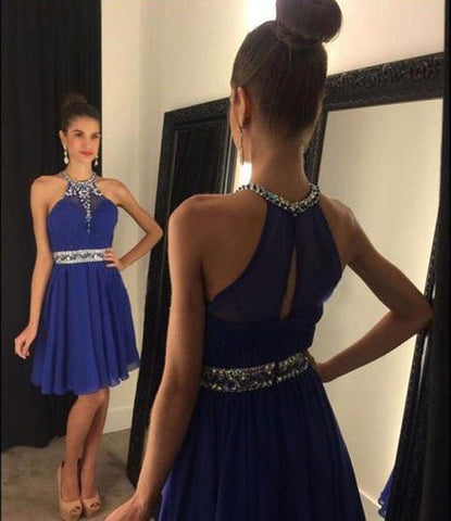 Chiffon Halter Sweetheart A-line Short Prom Dresses with Beading, Homecoming Dress