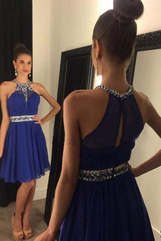Chiffon Halter Sweetheart A-line Short Prom Dresses with Beading, Homecoming Dress