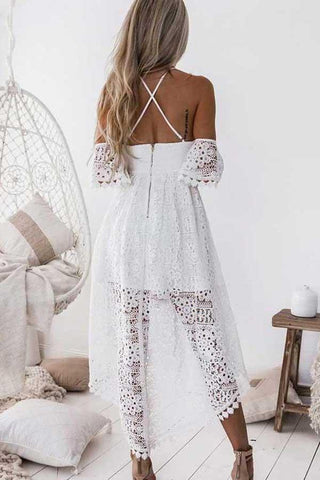 Charming White A-Line Straps High Low Off Shoulder Lace Homecoming Dresses