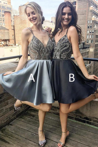 Silver A Line V Neck Spaghetti Straps Short Prom Dress Homecoming Dresses