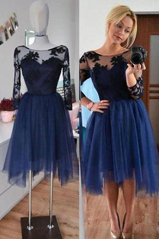 Navy Tulle 3/4 Sleeves Homecoming Dresses with Appliques, Short Prom Dresses