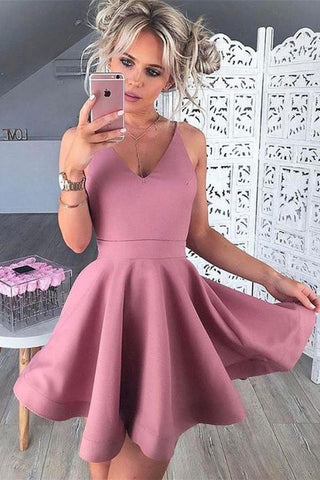 Simple  Satin V neck A-line Homecoming Dresses, Graduation Dresses