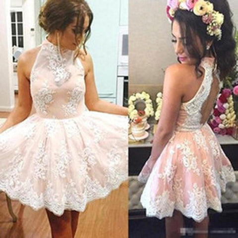 Charmantes, hochgeschlossenes, ärmelloses Homecoming-Kleid aus weißer Spitze für Mädchen 