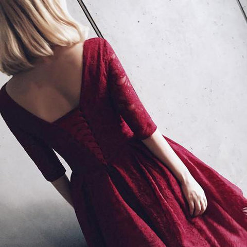 Half Sleeves Lace V Neck Homecoming Dress Short Prom Dress