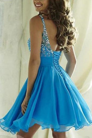 Tulle Beaded Halter Open Back Homecoming Dresses, Junior Short Prom Dress