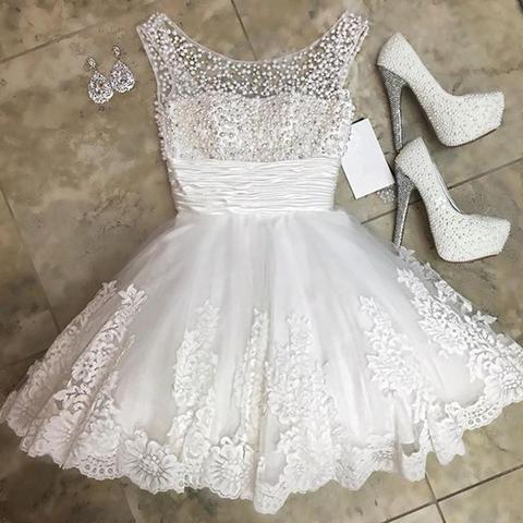 Charming Beaded Sheer Tulle Lace Appliques Homecoming Dresses Graduation Dress