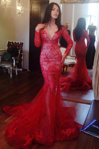 Beaded V-neck Mermaid Long Sleeves Prom Dress with Appliques