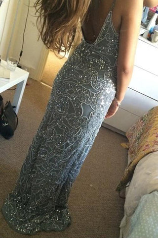 Beaded Mermaid Spaghetti Straps Long Prom Dress with Appliques