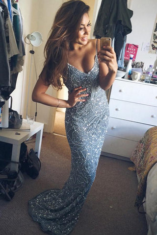 Beaded Mermaid Spaghetti Straps Long Prom Dress with Appliques