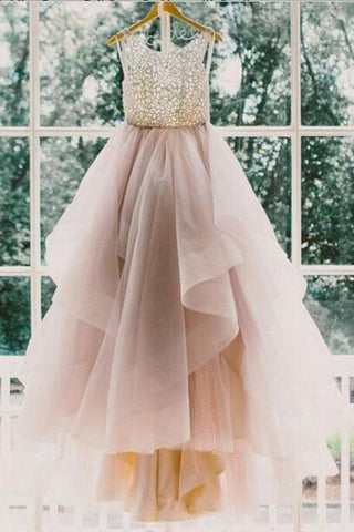 Tulle High Neck Scoop Neck Sleeveless Prom Dress with Sweep Train