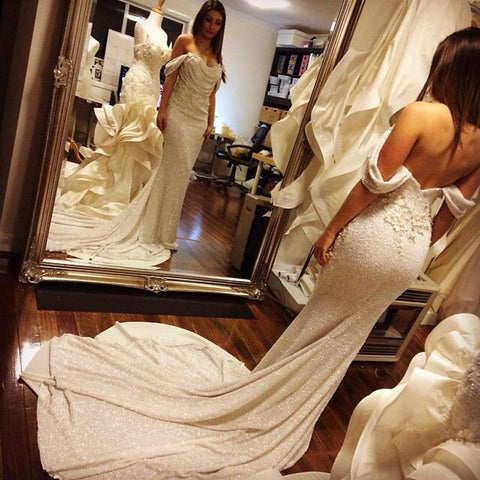 Glittering  Satin Off Shoulder Court Train Mermaid Prom Dresses