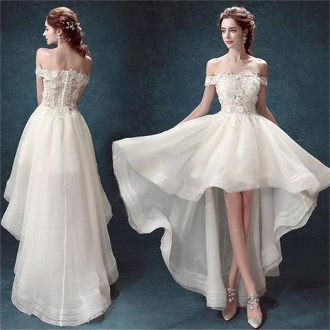 White Organza High Low Off Shoulder Cheap Wedding Dresses