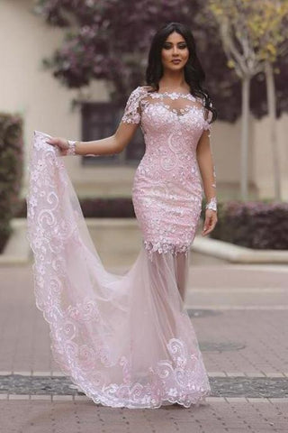 Rosa, durchsichtiges Meerjungfrau-Ballkleid mit langen Ärmeln aus Spitze, Günstige Abendkleider, MP324