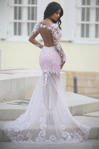 Rosa, durchsichtiges Meerjungfrau-Ballkleid mit langen Ärmeln aus Spitze, Günstige Abendkleider, MP324