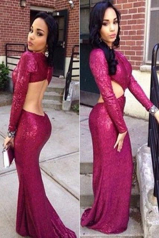 Purple Backless Sequin Mermaid Long Sleeve Prom Dresses, Evening Dress,