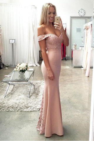 Blush Pink Mermaid Off Shoulder Long Prom Dresses, Cute Lace Party Dress