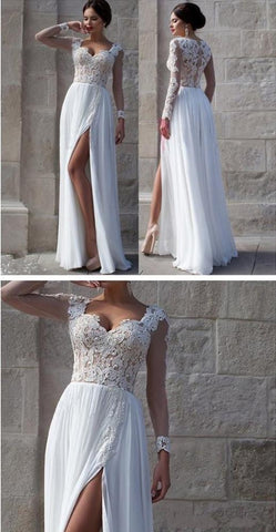 Elegant Long Sleeve Lace White Tulle Wedding Dresses, Bridal Dress