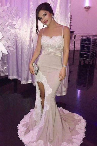 Lace Spaghetti Straps Mermaid Prom Dresses with Side Slit, Party Dresses