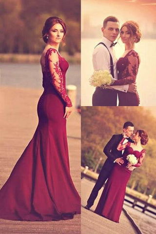 Burgundy Sweetheart Long Sleeve A-Line Prom Dress With Lace Appliques