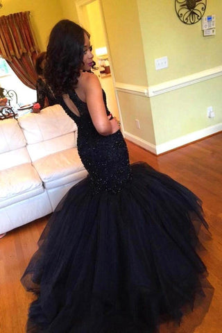 Navy Tulle Halter Mermaid Sleeveless Long Prom Dresses with Beadings