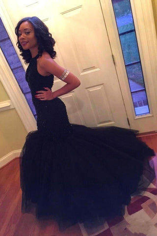 Navy Tulle Halter Mermaid Sleeveless Long Prom Dresses with Beadings