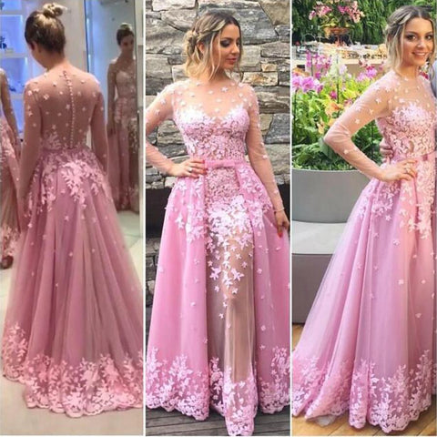 Lavender Floral Long Sleeves Prom Dress, Party Dresses With Appliques