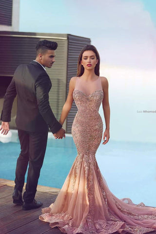 Charming Blush Pink Sweet heart Mermaid Long Prom Dress with Appliques Beading