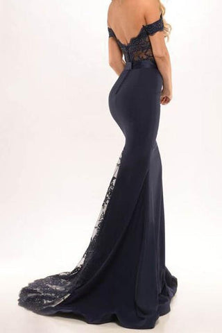 Satin Mermaid Off Shoulder Long Prom Dresses, Party Dresses with Lace