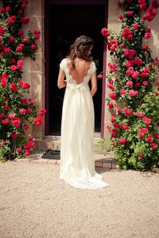Flügelärmelchen A-Linie V-Rücken Günstige lange Spitzen-Hochzeitskleider, Brautkleid 