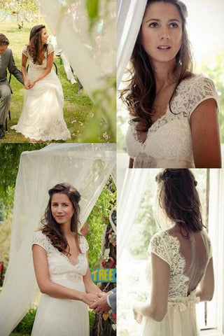 Flügelärmelchen A-Linie V-Rücken Günstige lange Spitzen-Hochzeitskleider, Brautkleid 