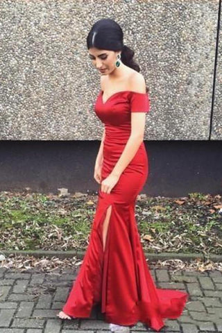 Mermaid Split Satin Off Shoulder Long Prom Dress, Evening Dresses