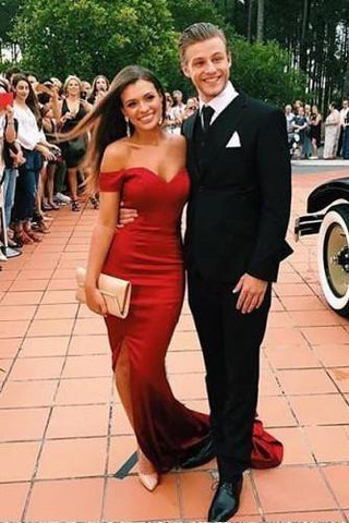 Mermaid Split Satin Off Shoulder Long Prom Dress, Evening Dresses