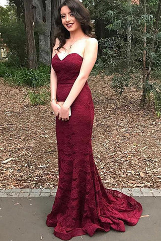 Chic Burgundy Mermaid Lace Sweetheart Long Prom Dress, Party Dress